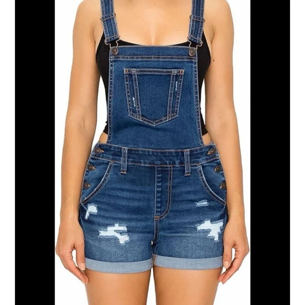 Wax Jeans Shortalls Dark‎ Blue Overalls Shorts Distressed Stretch Size 2X/3X